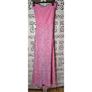 Lucy In The Sky Pink Sequin Strapless Maxi Dress Lace Up Back Large Party Event